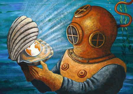 deep sea diver finding a pearl