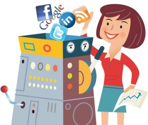 monitoring woman putting social media icons in a machine